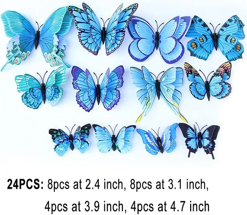 Miniatura 2 de BOPART - 24 calcomanías de mariposa 3D para decoración de fiestas, mariposas azules, decoración de pared, mariposa magnética para manualidades