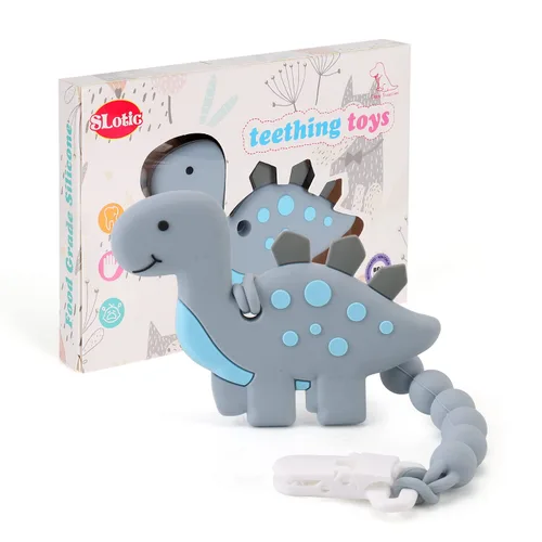 Juguetes de dentición para bebés de 3-6 6-12 meses, juguete mordedor de dinosaurio para alivio del dolor con diseño de una pieza, conjunto de clip