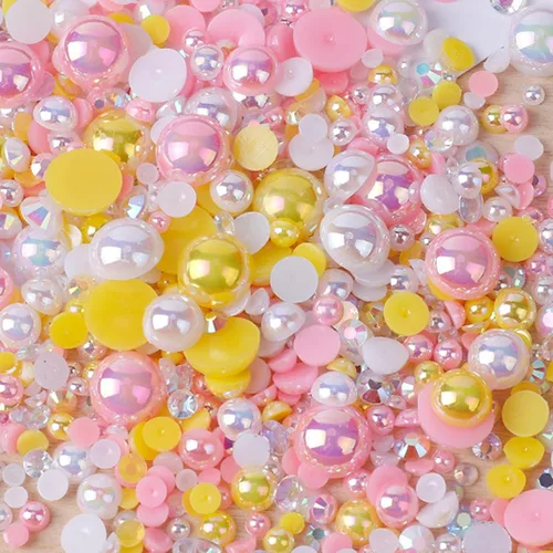 Miniatura 22 de Perlas planas y diamantes de imitación de 2.12 oz, 2200 unidades de diamantes de imitación de resina de color AB de tamaño mixto de 3 a 0.394 in