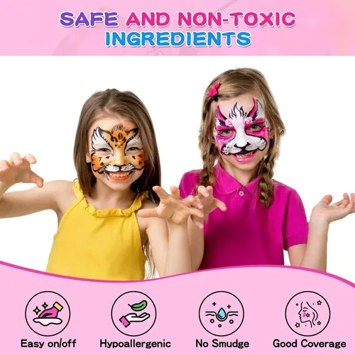 Miniatura 2 de Kit de pintura facial para niños y adultos, 12 x 10 gm, paleta de pintura facial con 9 brillos, 2 palitos de sombra de ojos, 2 esponjas y 6