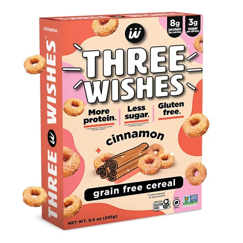 Cereales para el desayuno a base de plantas y veganos de Three Wishes, con sabor a canela, 1 paquete, merienda rica en proteínas y baja en azúcar,