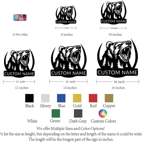 Miniatura 8 de Arte de pared de metal con oso grizzly de bosque, letreros personalizados con nombre de oso rugiente, decoración de pared personalizada de cabaña