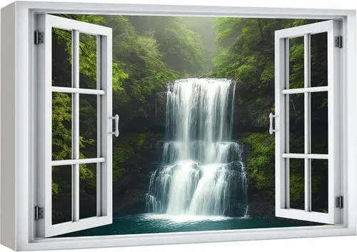 Miniatura 30 de wall26 - Cuadro en lienzo para pared, vista de ventana, río neón turquesa, rápido, bosque, lago, arroyo, naturaleza salvaje, fotografía, realismo