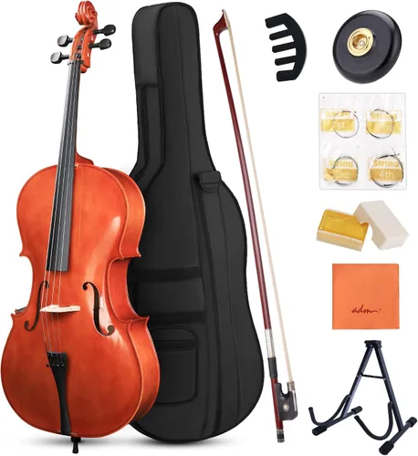 ADM 4/4 Violonchelo acústico de tamaño completo, kit de violonchelo acústico para principiantes con bolsa portátil, soporte, arco, silenciador,