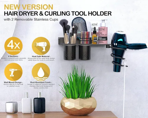Miniatura 2 de MyLifeUNIT Soporte para secador de pelo, organizador de secadora de pelo montado en la pared con 2 tazas, estante de herramientas de peinado de baño