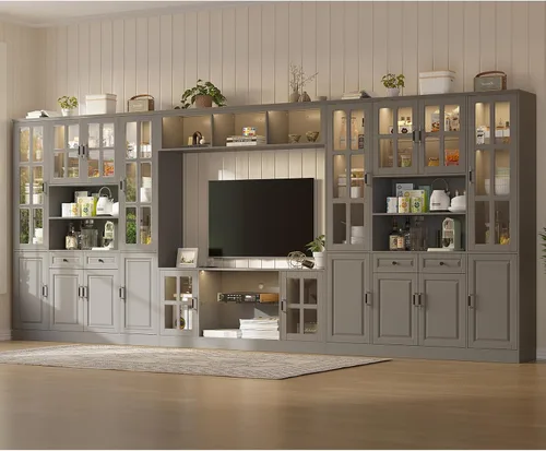 Miniatura 13 de MEISSALIVVE Mueble de pared con almacenamiento y luces LED, gran centro de entretenimiento con estanterías para televisores de hasta 70 pulgadas