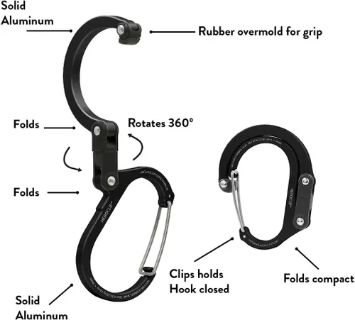 Miniatura 3 de GEAR AID HEROCLIP Mosquetón giratorio de 360° y gancho (mediano) para camping, mochila, maletas y organización de garaje Negro (Stealth Black)