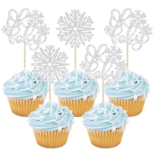 Miniatura 24 de Gyufise 24 adornos de copos de nieve Oh Baby para cupcakes con purpurina azul, decoración de pastel de baby shower congelado para baby shower