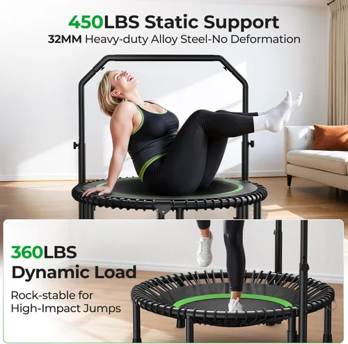 Miniatura 4 de BCAN BT2 - Mini trampolín de rebote de 450/550 libras para adultos con barra, trampolín de fitness con cuerdas elásticas, mango ajustable, estable