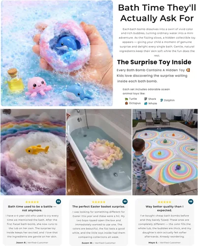 Miniatura 7 de Bombas de baño de regalo para niños a partir de 3 años, diseño de arcoíris salpicado, juego de regalo de tesoro de burbujas naturales con burbujas
