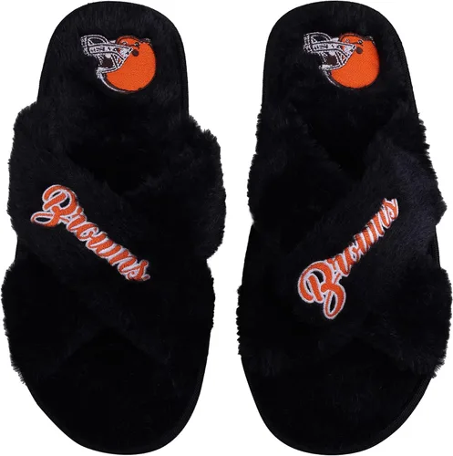 Miniatura 10 de FOCO Pantuflas deslizantes cruzadas mullidas con logotipo de texto del equipo NFL para mujeres