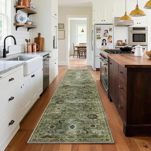 Miniatura 46 de Tapete largo lavable para pasillo o cocina: 2 x 6 pies, con respaldo antideslizante, de pelo corto, suave, para entrada, interiores, pasillos, Verde