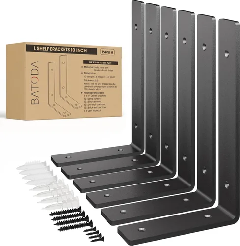 Miniatura 9 de BATODA Paquete de 6 soportes de estante resistentes de 8 pulgadas de largo - Soportes de estante en L negros - Soportes de gancho para estantes
