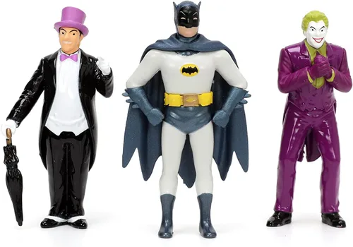 Miniatura 9 de Toy Cars DC Comics Serie de TV clásica 1:24 Batman Batmobile - Coche fundido a presión y figuras de Batman, Robin, Pingüino y el Joker de 2.75