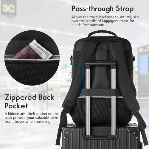 Miniatura 4 de MOMUVO Mochila de viaje para mujer, mochila de mano aprobada por aerolíneas, mochila para laptop de 15.6 pulgadas con puerto de carga USB, mochila