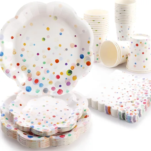 Miniatura 9 de Juego de 350 platos de papel floral, platos desechables con borde dorado para 50 invitados, suministros de fiesta para adultos, jardín, fiesta