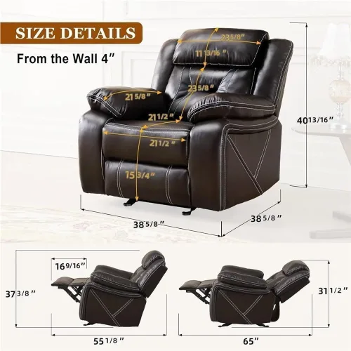 Miniatura 2 de Breathable Leather Rocking Recliner Chair with Heat and Massage, Single Seat Sofa for Home Theater Living Room, Comfortable Adult Recliner for