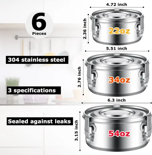 Miniatura 2 de Zopeal 6 recipientes de acero inoxidable para almacenamiento de alimentos con tapas, a prueba de fugas, de metal, apilables, reutilizables