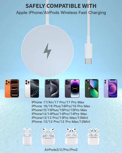 Miniatura 7 de Cargador magnético inalámbrico, paquete de 2 cargadores rápidos Apple Mag-Safe para iPhone, almohadilla de carga plana segura para iPhone 17Pro