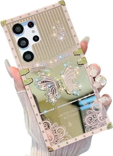 Miniatura 23 de Bonita funda compatible con Samsung Galaxy S22 Ultra, soporte plegable de lujo con diseño de mariposa brillante para mujeres y niñas, funda Blanco