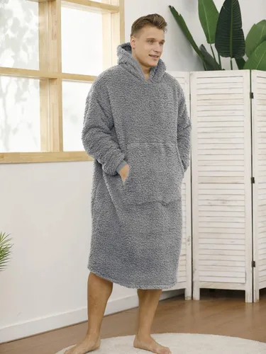 Miniatura 3 de Manta Sherpa con capucha de gran tamaño, sudadera con capucha y manga larga y bolsillo, color gris