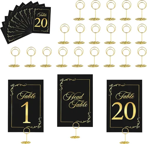 JOYIT 21 juegos de tarjetas de mesa de boda del 1 al 20 y de la mesa principal con 21 soportes de números de mesas, tarjetas de números de oro negro