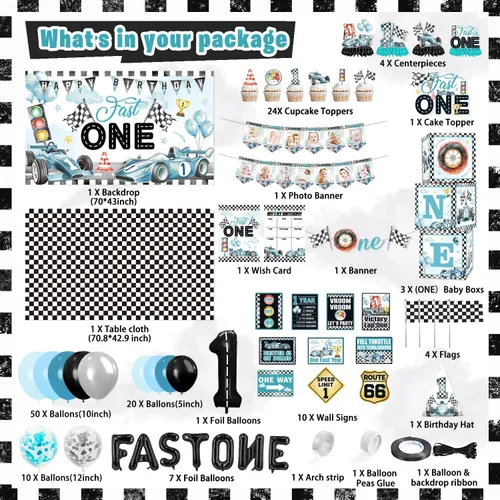 Miniatura 2 de Fast One - Decoraciones de cumpleaños para niños, 143 piezas de suministros de decoración de primera fiesta de carreras para bebé, pancarta