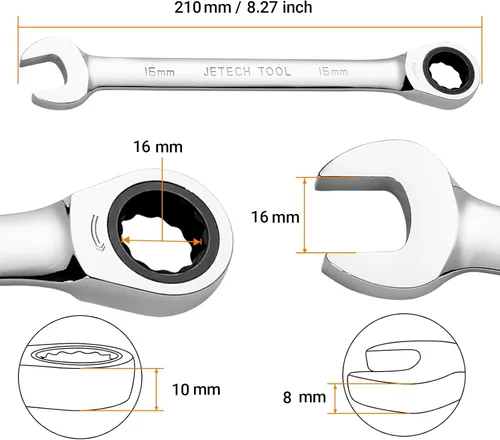 Miniatura 2 de Jetech - Llave combinada de trinquete de 16 mm, llave de carraca de grado industrial con trinquete de 12 puntas y 72 dientes, acero Cr-V forjado