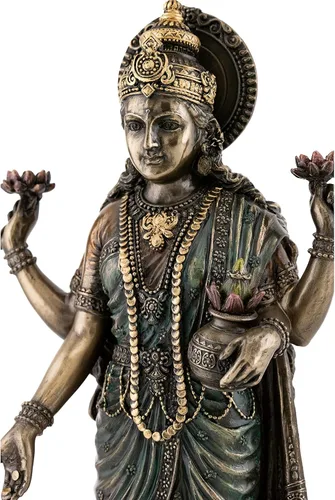 Miniatura 5 de Top Collection Lakshmi Estatua en plataforma de loto, escultura de diosa de la riqueza, la prosperidad, la sabiduría y la fortuna en bronce fundido