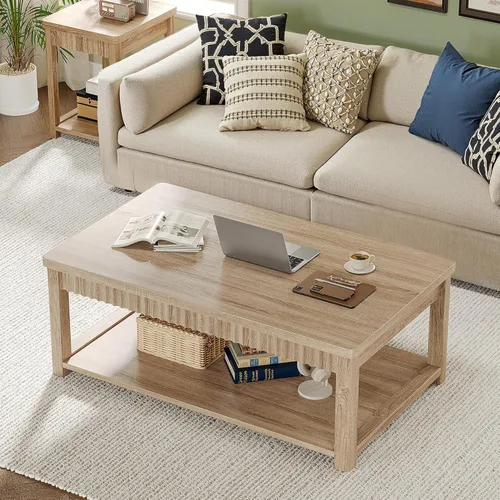 Miniatura 8 de Homkdom Mesa de café, mesas de café modernas de 39 pulgadas para sala de estar con almacenamiento de 2 niveles y borde ondulado, mesa central