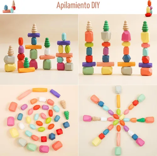 Miniatura 4 de OESSUF 48 piezas de bloques apilables, piedras apilables de equilibrio, juguetes de construcción de madera, juego de apilamiento de piedra de madera