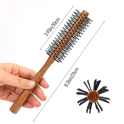 Miniatura 4 de Cepillo redondo con punta de bola con mango de madera y cerdas de nailon para cabello corto, flequillo, barbas de hombres y secado por soplado