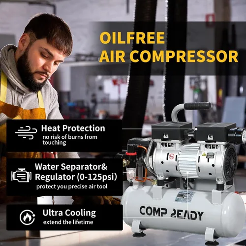 Miniatura 8 de Compresor de aire portátil de 2 galones 0.75HP 1.7 CFM@90PSI 60dB Compresor de aire ultra silencioso sin aceite para inflar neumáticos Herramienta