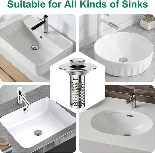 Miniatura 8 de Colador de drenaje para lavabo de baño, tapón emergente para lavabo atrapa cabellos, cesta de filtro de drenaje de acero inoxidable Ysilver-2