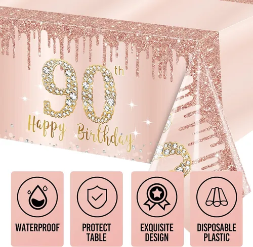 Miniatura 3 de 3 piezas de manteles de cumpleaños número 90 para mujeres, decoración de tema feliz 90 en rosa y oro, suministros de fiesta de cumpleaños de 90