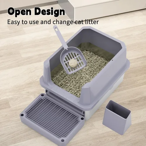 Miniatura 5 de RIZZARI Pequeña caja de arena para gatos de acero inoxidable con alfombrilla de control de seguimiento, bandeja de arena abierta y fácil de limpiar