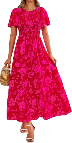 Miniatura 18 de PRETTYGARDEN - Vestido largo casual de verano para mujer, manga corta acampanada, bohemio, floral, cuello redondo, vestido blusón, escalonado