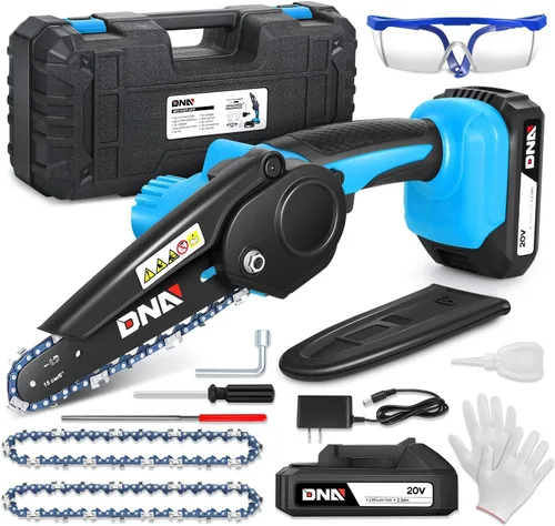 DNA MOTORING Mini motosierra, motosierra eléctrica de 6 pulgadas, motosierra de mano inalámbrica con 2 baterías de 20 V y 2000 mAh, motosierra