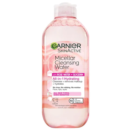 Garnier Agua Micelar con Agua de Rosa y Glicerina, Limpiador Facial Hidratante y Removedor de Maquillaje, para Todo Tipo de Piel, Vegano, Sin