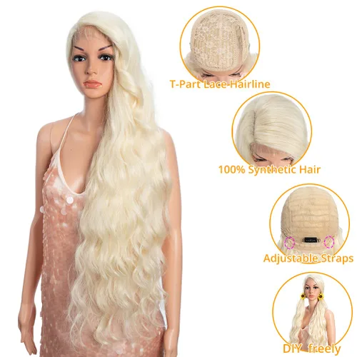 Miniatura 2 de Style Icon Pelucas de encaje frontal de 36 pulgadas, peluca ondulada súper larga, color blanco dorado con abuelitos, densidad del 130 %, peluca 613