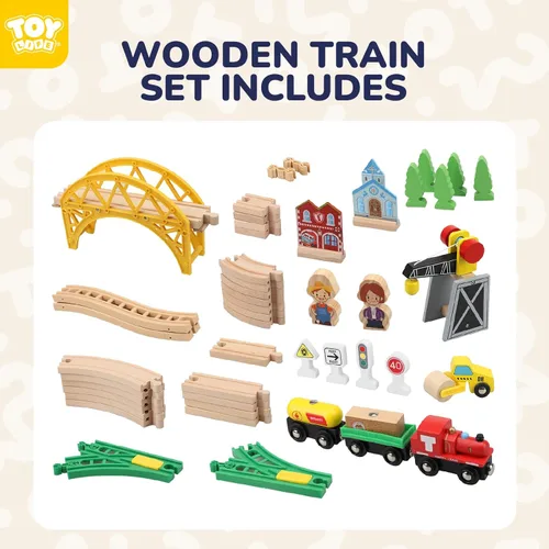 Miniatura 7 de TOY Life Juego de tren de madera, 60 piezas con grúa magnética, juguetes de madera para niños y niñas de 3, 4, 5, 3 años, juguetes de madera