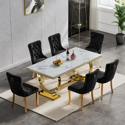 Miniatura 31 de Juego de mesa de comedor de mármol de 5 piezas para 4, mesa de cocina de lujo de 68 pulgadas de mármol negro dorado con 4 sillas tapizadas