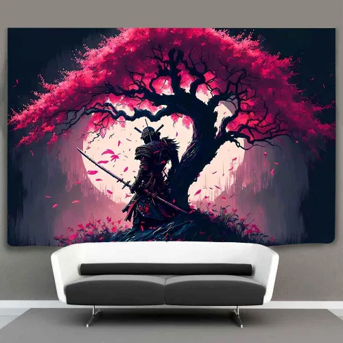 Miniatura 11 de Ine Ive GTDWIE0297 - Tapiz samurái japonés para estética de dormitorio, luna llena, árbol de cerezo, 40 x 30 pulgadas, arte japonés para dormitorio