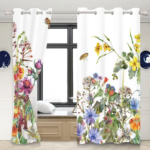 Yeele Cortinas rústicas de flores de 42 x 63 pulgadas, flores silvestres, abeja, plantas coloridas, hierbas, hojas verdes, cortinas de ventana,