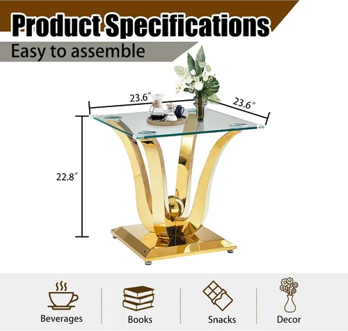 Miniatura 2 de Mesa auxiliar de cristal dorado, mesa auxiliar de lujo con base de acero inoxidable con acabado espejo y parte superior de vidrio templado, mesa
