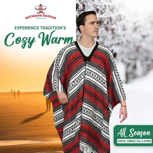 Miniatura 26 de Artisans Bazaar Poncho tradicional mexicano de Baja para hombres y mujeres, auténtico sarape de Gaban, manta de vaquero Pancho Jorongo