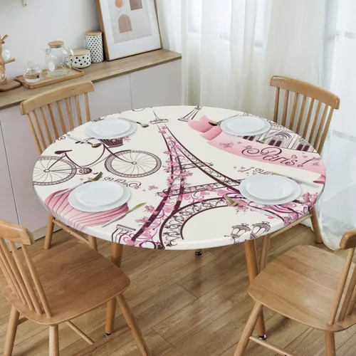 Miniatura 7 de Fiokroo Mantel de torre Eiffel con borde elástico, mantel redondo para viajes románticos en París, lavable, reutilizable, para cocina, comedor