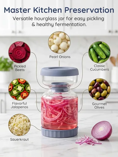 Miniatura 4 de Homnoble Frasco para Pepinillos con Colador Abatible para Separar el Jugo de los Pepinillos Húmedos y Secos, Tapa ABS de Grado Alimentario Mejorada