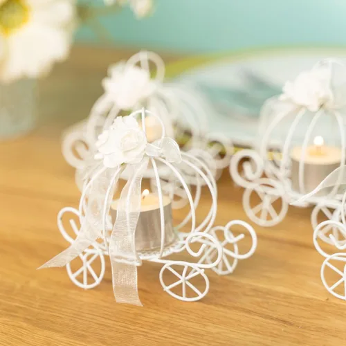 Simply Elegant Soporte para caramelos blanco – 72 piezas de carrito de dulces, mini carro de calabaza de metal, decoración de fiesta, caja de dulces