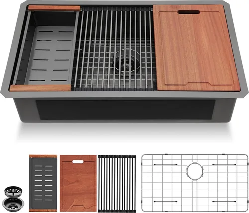 Miniatura 42 de Lordear Fregadero de cocina de montaje inferior de 23 pulgadas, estación de trabajo, fregadero de cocina de acero inoxidable calibre 16, cuenco